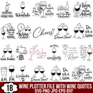Könnte beinhalten: Eine Sammlung von 18 schwarz-weißen digitalen Grafikdesigns mit weinbezogenen Illustrationen und Zitaten. Die Motive zeigen Weingläser, Flaschen, Trauben und Texte wie Weinliebe, Wein ist meine Antwort und Weinmodus on in verschiedenen Schriftarten.