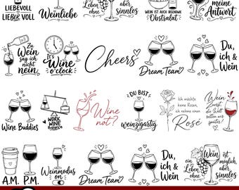 Könnte beinhalten: Eine Sammlung von 18 schwarz-weißen digitalen Grafikdesigns mit weinbezogenen Illustrationen und Zitaten. Die Motive zeigen Weingläser, Flaschen, Trauben und Texte wie Weinliebe, Wein ist meine Antwort und Weinmodus on in verschiedenen Schriftarten.