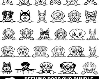 Könnte beinhalten: Eine Sammlung von 30 schwarz-weißen Strichzeichnungen, die verschiedene Hunderassen zeigen, die über eine horizontale Linie schauen. Die Grafik enthält den Text 30 PEEKING DOGS SVG BUNDLE SVG-PNG-JPG-EPS-DXF am unteren Bildrand.
