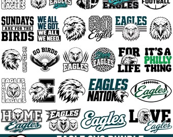 Könnte beinhalten: Eine digitale Sammlung von 30 Grafikdesigns mit Weißkopfseeadler-Illustrationen, Football-Motiven und Texten wie Eagles, Go Birds, Sundays Are For The Birds, We All We Got, We All We Need, For Life, It's A Philly Thing, Eagles Nation und Love Eagles.