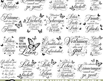 Könnte beinhalten: Eine digitale Sammlung von 18 schwarz-weißen Grafikdesigns mit inspirierenden deutschen Zitaten und Schmetterlingsillustrationen. Der Text enthält Phrasen wie Aus kleinen Träumen entstehen große Wunder und Das Leben ist schöner, wenn man lächelt.