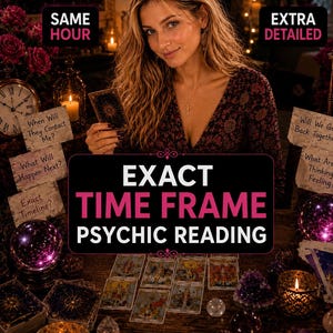以下が含まれることがあります： タロットカードを持つ女性の画像で、「EXACT TIME FRAME PSYCHIC READING」の文字があります。画像にはタロットカード、ろうそく、「SAME HOUR」と「EXTRA DETAILED」の文字が含まれています。 全体的なテーマは、霊視です。