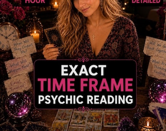 May include: A psychic reading service advertisement featuring text that reads SAME HOUR, EXTRA DETAILED, and EXACT TIME FRAME PSYCHIC READING. The image includes tarot cards, lit candles, crystal spheres, and amethyst clusters on a wooden table.