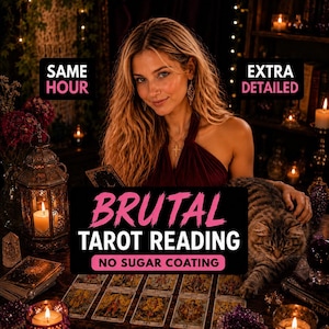 Pode incluir: Imagem que promove leituras de tarot. A imagem apresenta uma mulher com cabelo loiro comprido, um gato e cartas de tarot. O texto na imagem diz "BRUTAL TAROT READING" e "NO SUGAR COATING". Texto adicional diz "SAME HOUR" e "EXTRA DETAILED".