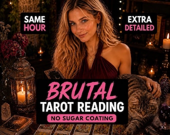 May include: A tarot reading service featuring text that reads SAME HOUR, EXTRA DETAILED, BRUTAL TAROT READING, and NO SUGAR COATING. The scene includes a person, a tabby cat, lit candles in lanterns, and a spread of tarot cards on a table.
