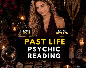 May include: A dark-themed graphic featuring the text SAME HOUR, EXTRA DETAILED, and PAST LIFE PSYCHIC READING. The image displays a collection of tarot cards, a clear crystal ball, various crystals, and lit candles in a dimly lit setting.