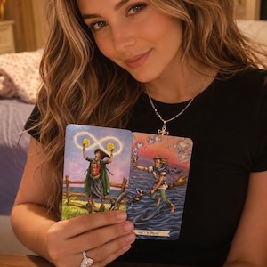 Puede incluir: Dos cartas de tarot rectangulares con ilustraciones coloridas. La carta de la izquierda muestra a una figura sosteniendo dos monedas doradas con un s&iacute;mbolo de infinito encima. La derecha muestra a una figura sobre una escoba sobre el agua.