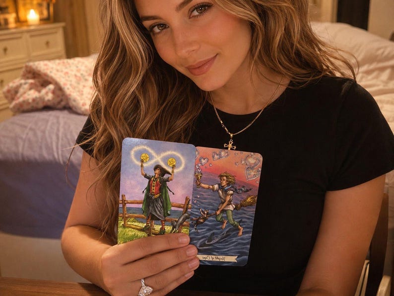 Puede incluir: Dos cartas de tarot rectangulares con ilustraciones coloridas. La carta de la izquierda muestra a una figura sosteniendo dos monedas doradas con un s&iacute;mbolo de infinito encima. La derecha muestra a una figura sobre una escoba sobre el agua.