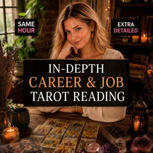 Könnte beinhalten: Eine Frau sitzt vor einem Holztisch mit Tarotkarten. Ein Schild zeigt "IN-DEPTH CAREER & JOB TAROT READING." Das Bild enthält Kerzen, Kristalle und den Text "SAME HOUR" und "EXTRA DETAILED."