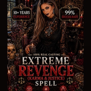 Può includere: Una grafica promozionale con una persona in un abito di pizzo nero con una collana a croce, circondata da candele, un teschio e un gatto nero. Il testo include 10+ YEARS EXPERIENCE, 99% SUCCESS RATE, 100% REAL CASTING, EXTREME REVENGE (KARMA & JUSTICE) SPELL.
