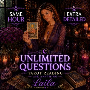 May include: A tarot reading service advertisement featuring the text SAME HOUR, EXTRA DETAILED, UNLIMITED QUESTIONS, TAROT READING, ASK ANYTHING, Laila MEDIUM STUDIO. The image displays a tarot card titled THE STAR held in front of a dark background.