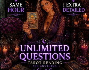May include: A tarot card reading service advertisement featuring the text SAME HOUR, EXTRA DETAILED, UNLIMITED QUESTIONS, TAROT READING, ASK ANYTHING, Laila MEDIUM STUDIO. The image displays a tarot card titled THE STAR.