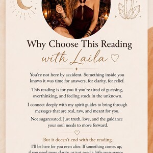 Puede incluir: Una tarjeta informativa beige con una foto circular de una persona sosteniendo una carta del tarot, con dibujos lineales de una luna creciente y cristales. El texto dice: Why Choose This Reading with Laila, seguido de p&aacute;rrafos descriptivos sobre gu&iacute;a espiritual.