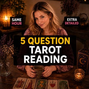 May include: A woman holding a mug, with tarot cards laid out on a wooden table. The image features text that reads "5 QUESTION TAROT READING", with additional text boxes stating "SAME HOUR" and "EXTRA DETAILED". A lit candle and a decorative box are also visible.