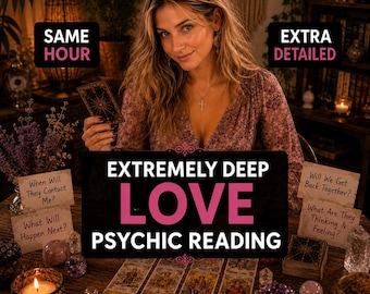 May include: A psychic reading service advertisement featuring text that reads SAME HOUR, EXTRA DETAILED, and EXTREMELY DEEP LOVE PSYCHIC READING. The image displays tarot cards, crystals, a lit candle, and small cards with questions like When Will They Contact Me?