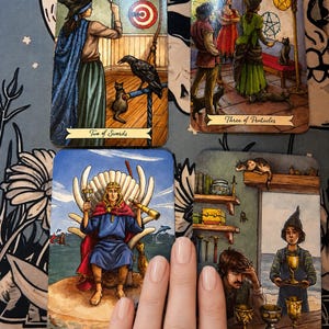 Puede incluir: Cuatro cartas de tarot dispuestas en una cuadr&iacute;cula, incluyendo Dos de Espadas, Tres de Oros, Rey de Copas y Cuatro de Copas. Las cartas presentan ilustraciones detalladas de figuras, animales y objetos simb&oacute;licos con t&iacute;tulos en la parte inferior.
