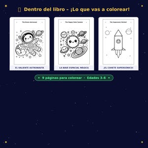 May include: A children's coloring book with three sample pages featuring space-themed illustrations. The pages include a cartoon astronaut, a happy sun with planets, and a rocket. Text includes "The Brave Astronaut", "The Happy Solar System", and "The Supersonic Rocket!"