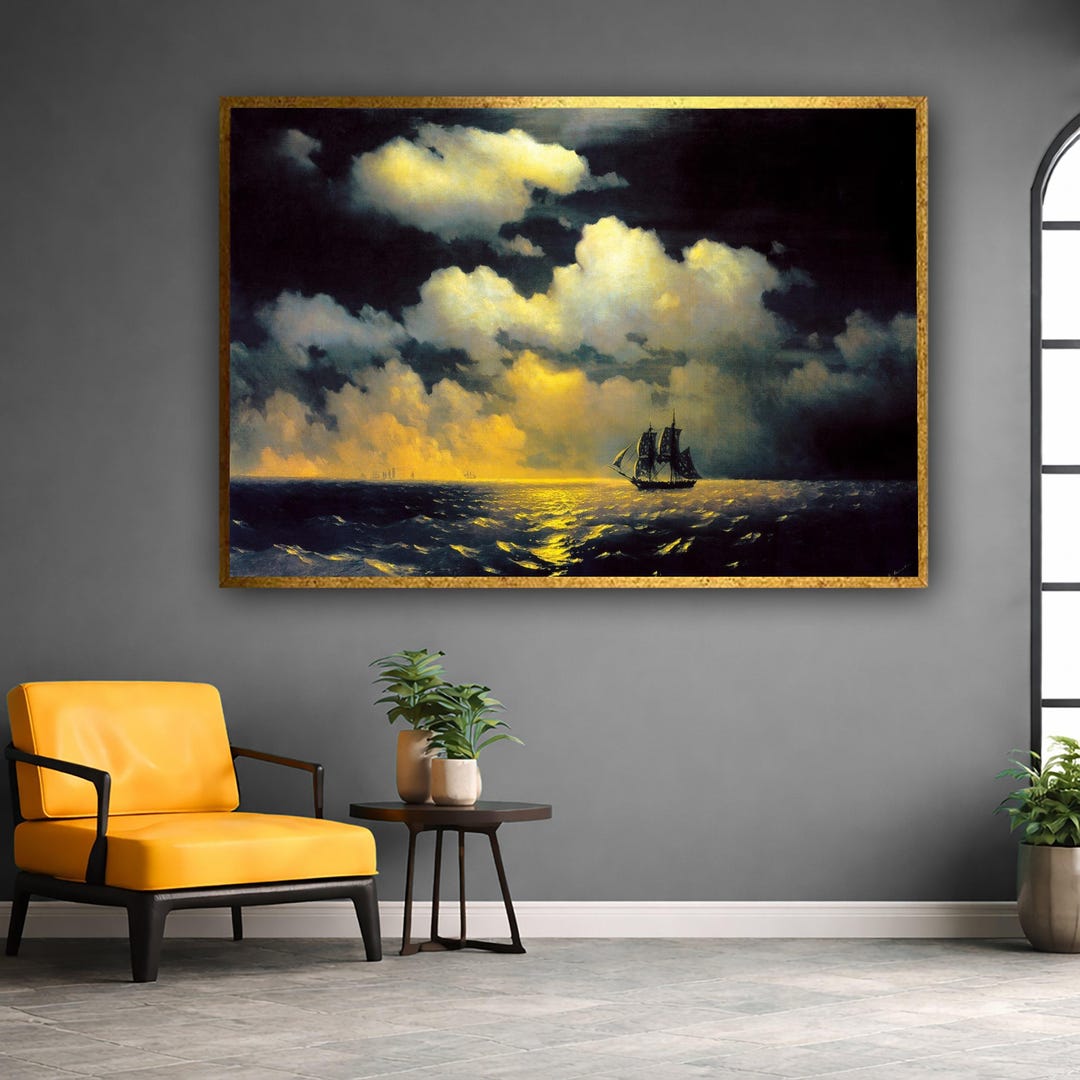 Silent Voyage Beneath a Moonlit Symphony A Lone Ship Navigating Through ...