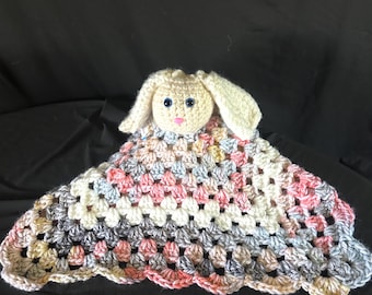 Handmade Crochet Bunny Lovey | Soft Security Blanket for Baby | Baby Shower Gift | Granny Square Comfort Blanket | Nursery Gift