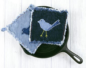 Blue Bird Denim Potholders - Boho Chic, Upcycled Farmhouse Kitchen - Rustic Chic Ranch Decor