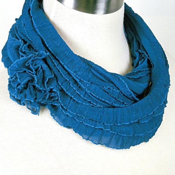 Teal Infinity Scarf - Blue Green Circle Scarf - Ruffled Scarf
