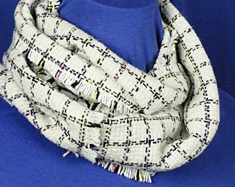 White Plaid Infinity Scarf - White, Black, Multi Woven Plaid Wool Scarf - Wool Infinity Scarf - Plaid Wool Scarf