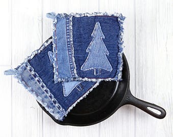 Pine Tree Denim Potholder - Blue Jean Pot holder - Eco Friendly Upcycled Blue Jean Boho Chic Hot Pads - Blue Denim Farmhouse Decor