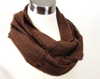 Plaid Infinity Scarf  - Brown Plaid Wool Scarf - Brown Infinity Scarf -  Woven Wool Infinity Scarf - Brown Orange Plaid Scarf