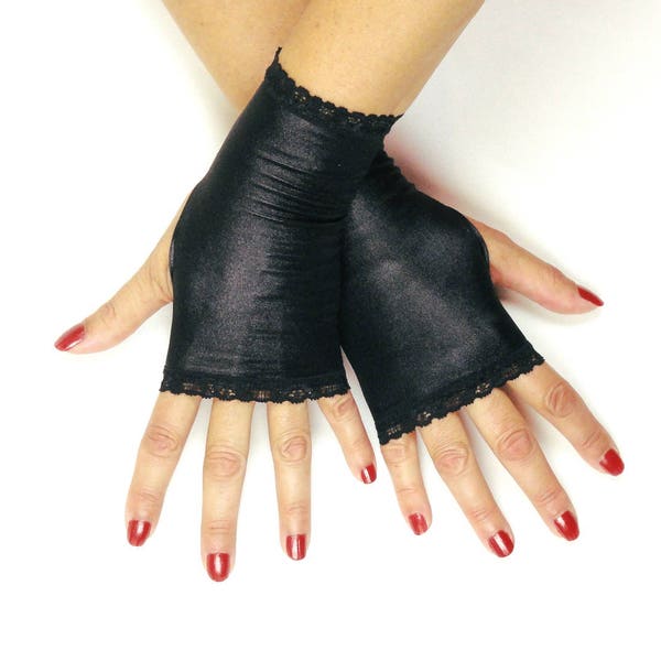 Black Fingerless Gloves - Black Leather Look Lycra Gloves - Black Fingerless Goth Gloves - Cosplay Costume Gauntlets