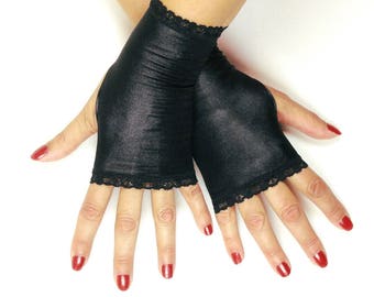 Black Fingerless Gloves - Black Leather Look Lycra Gloves - Black Fingerless Goth Gloves - Cosplay Costume Gauntlets