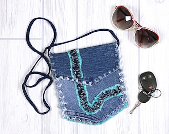 Small Upcycled Denim Hip Bag - Small Blue Jean and Seafoam Green Festival Purse