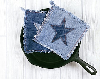 Star Denim Potholders - Blue Jean Hot Pad - Eco-Friendly Upcycled Farmhouse Kitchen Potholders - Rustic Ranch Decor