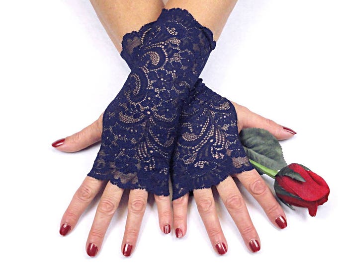 Navy Blue Lace Gloves Blue Fingerless Stretch Lace Etsy