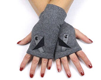 Gray Wool Gloves - Embellished Fingerless Gloves - Gray Wool Fingerless Gloves - Gray Fingerless Gloves - Warm Grey Gloves