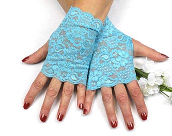 Aqua Blue Gloves- Turquoise Lace Fingerless Gloves  - Mother of the Bride Accessory - Aqua Blue Wedding