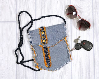 Small Upcycled Denim Hip Bag - Small Blue Jean and Orange Travel Purse