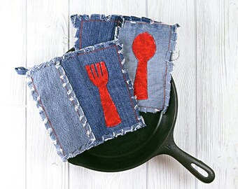 Upcycled Denim Potholder - Blue Denim Hot Pad - Eco-Friendly Boho Chic Red Spoon Potholder - Rustic Farmhouse Denim Potholders