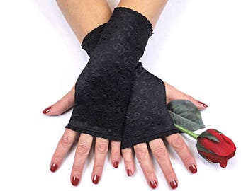 Black Fingerless Gloves -  Black Brocade Lycra Gloves for Cosplay or Costume Wear - Black Wedding Accessory