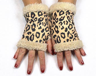 Leopard Fingerless Gloves - Cheetah Fingerless Gloves - Faux Shearling Fingerless Gloves - Faux Fur Fingerless Gloves