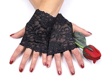 Black Lace Gloves  - Black Fingerless Gloves - Gothic Victorian Wedding Accessory - Bridesmaid Gloves - Cosplay Costume Wear