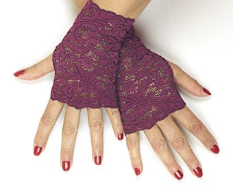 Plum Lace Gloves - Maroon Fingerless Gloves - Mother of the Bride Accessory - Plum Purple Wedding - Cosplay Costume Accessory