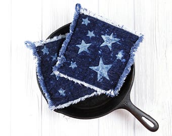 Denim Potholder - Star Pot Holders - Starry Night Farmhouse Kitchen Potholders - Eco-Friendly Upcycled Blue Jean Boho Chic Hot Pads