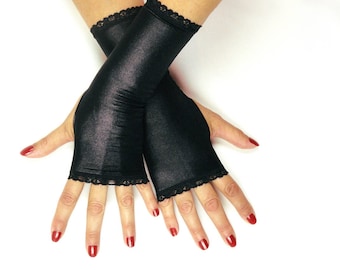 Black Gloves - Black Leather Look Lycra Gloves - Long Black Fingerless Goth Gloves - Cosplay Costume Gauntlets