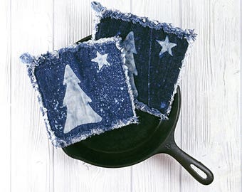 Snowy Pine Denim Potholders - Blue Jean Pot Holder - Boho Chic Denim Hot Pads - Eco Friendly Modern Farmhouse Kitchen Potholder