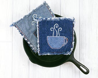 Denim Potholders - Coffee Lovers Pot Holder - Farmhouse Kitchen Upcycled Blue Jeans Hot Pads - Rustic Ranch Decor