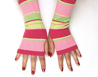 Pink Green Striped Gloves - Striped Cotton Fingerless Gloves - Pink Green Stripe Texting Gloves -