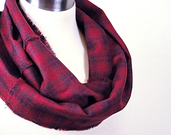 Red Infinity Scarf  - Cherry Red Wool Scarf - Red Blue Plaid Infinity Scarf -  Wool Infinity Scarf - Wool Circle Scarf