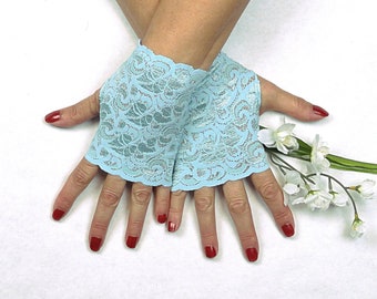 Aqua Lace Fingerless Gloves   - Seafoam Green Stretch Lace Gloves - Aqua Wedding Accessory - Cosplay Costume Gloves