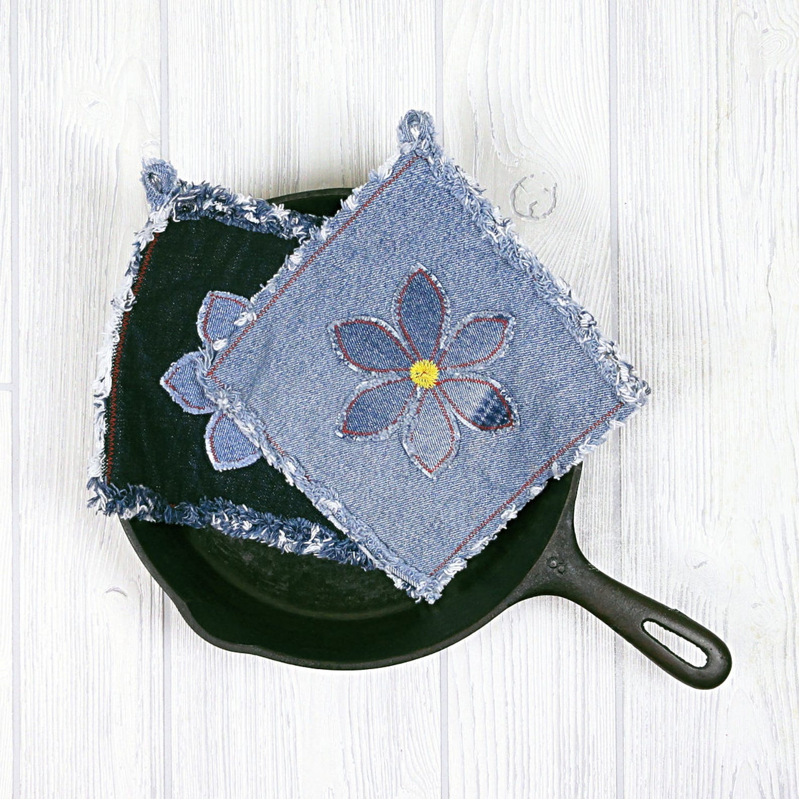 Flower Power Blue Jean Pot Holders Daisy Denim Pot Holders Flower Power