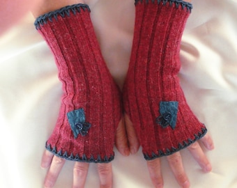 Berry Fingerless Gloves - Upcycled Raspberry Red Ribbed Wool Gloves